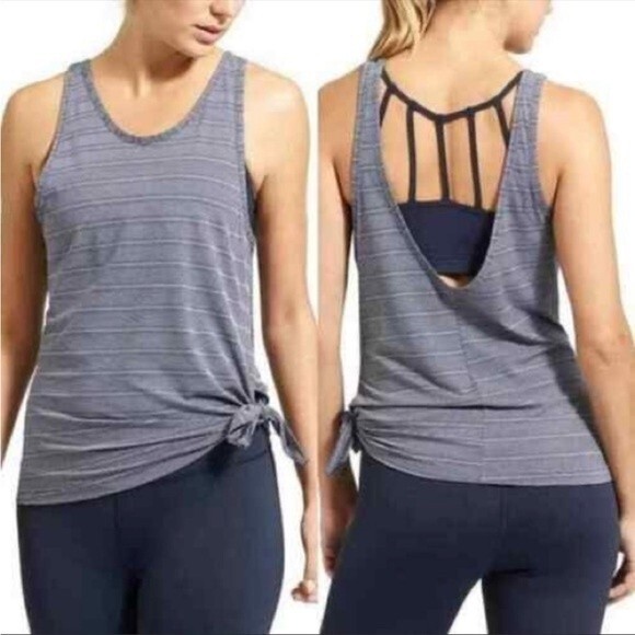 Athleta Max Out Navy Striped Side Tie Tank Top Removable Strappy Sports Bra Sz M - Picture 1 of 12